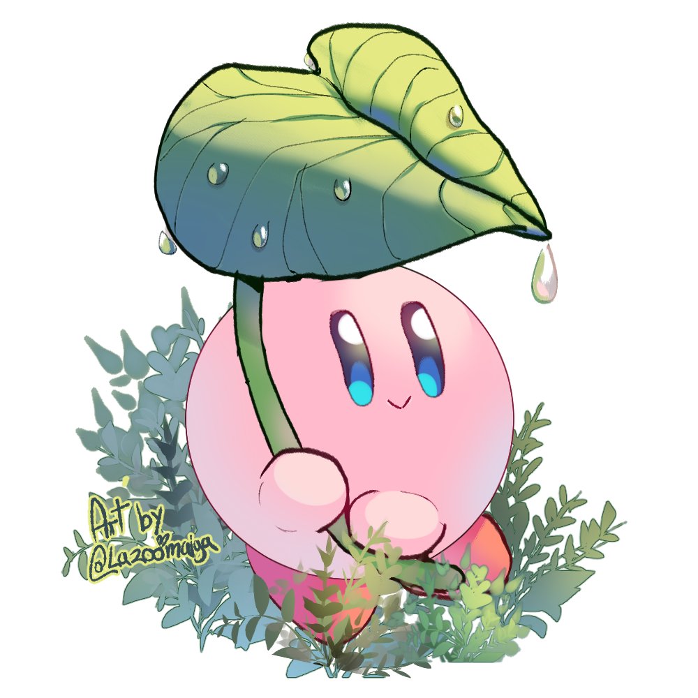 :&gt; blue_eyes blush_stickers colored_skin commentary grass happy holding holding_leaf kirby kirby_(series) lazoomaiga leaf leaf_umbrella no_humans pink_skin signature simple_background smile solid_oval_eyes solo symbol-only_commentary twitter_username water_drop white_background