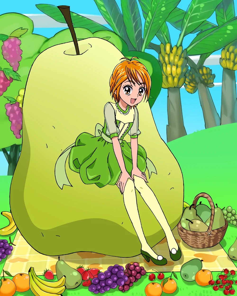1girl banana banana_tree bangs basket brown_eyes dress food fruit futari_wa_precure grapes green_dress green_footwear hands_on_own_knees highres misumi_nagisa official_art open_mouth orange_(fruit) orange_hair oversized_food pantyhose pear precure precure_connection_puzzlun see-through see-through_sleeves short_hair smile solo strawberry third-party_source tree