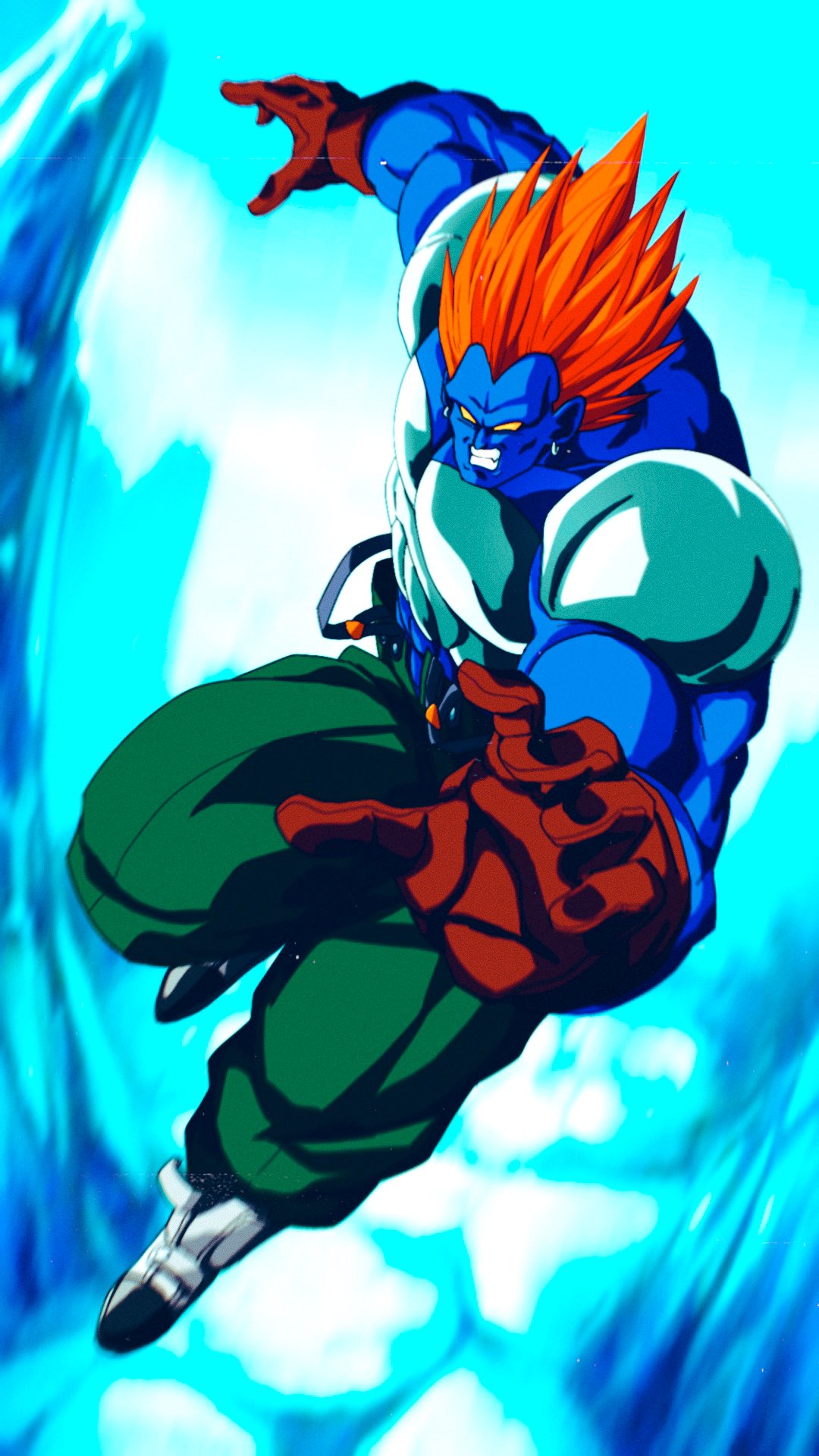 android_13_(fused) blue_skin boots brown_gloves colored_sclera colored_skin commentary_request dragon_ball dragon_ball_z earrings glacier gloves green_pants grin highres jewelry muscular muscular_male no_pupils orange_hair pants smile spiky_hair suspenders taaa white_footwear yellow_sclera