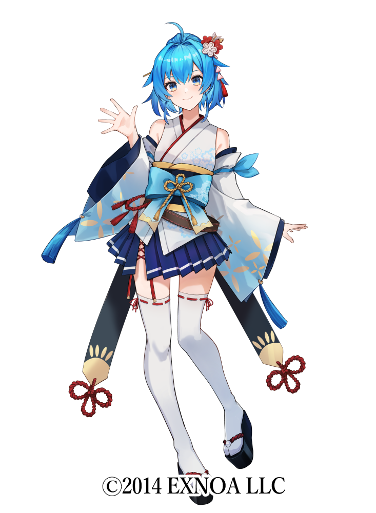 1girl ahoge bangs bare_shoulders black_bow black_footwear blue_eyes blue_hair blue_skirt bow bow_(weapon) character_request closed_mouth eisuto hair_between_eyes hair_bow hand_up holding holding_bow_(weapon) holding_weapon japanese_clothes kimono long_sleeves looking_at_viewer obi official_art oshiro_project_re pleated_skirt sash short_hair simple_background skirt sleeveless sleeveless_kimono smile socks solo standing standing_on_one_leg tabi weapon white_background white_kimono white_sleeves white_socks wide_sleeves zouri