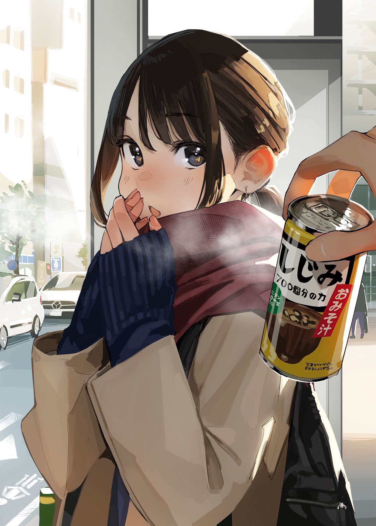 1girl black_eyes blue_sweater blush brown_coat brown_hair can car coat cold commentary_request douki-chan_(douki-chan) fingernails ganbare_douki-chan ground_vehicle highres long_sleeves looking_at_viewer motor_vehicle open_mouth red_scarf scarf short_hair sidelocks solo_focus sweater yomu_(sgt_epper)
