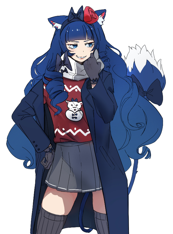 1girl animal_ears big_hair blue_coat blue_eyes blue_hair bow cat_ears chenna_kitty christmas_sweater coat flower gloves grey_gloves grey_skirt grey_thighhighs grin hair_bow hair_flower hair_ornament hairband hand_on_hip hand_up indie_virtual_youtuber miniskirt open_clothes open_coat red_flower red_rose red_sweater rose simple_background skirt smile solo sweater tail tail_bow tail_ornament thigh-highs unsomnus white_background