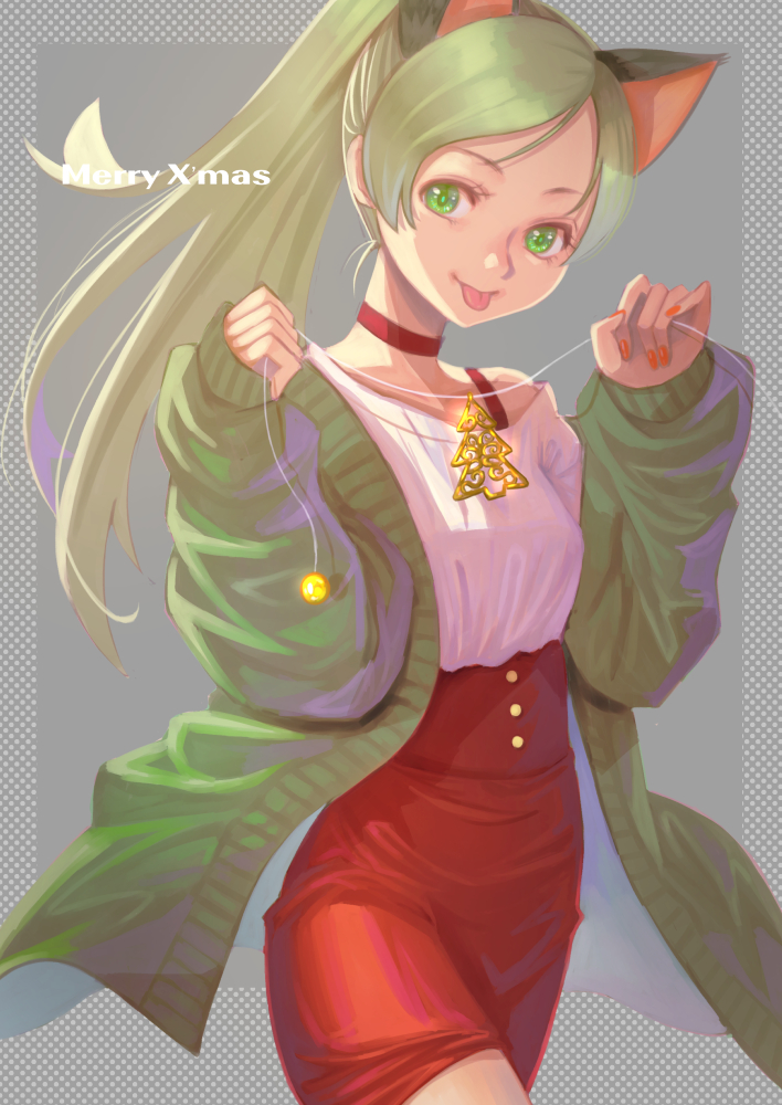1girl :p animal_ears bangs bra_strap cardigan cat_ears cat_girl choker christmas christmas_tree closed_mouth commentary cowboy_shot english_commentary english_text green_cardigan green_eyes high-waist_skirt holding holding_string jj_(ssspulse) kemonomimi_mode long_hair long_sleeves looking_at_viewer merry_christmas minamino_kanade miniskirt precure red_choker red_skirt shirt skirt smile solo standing string suite_precure swept_bangs tongue tongue_out white_shirt