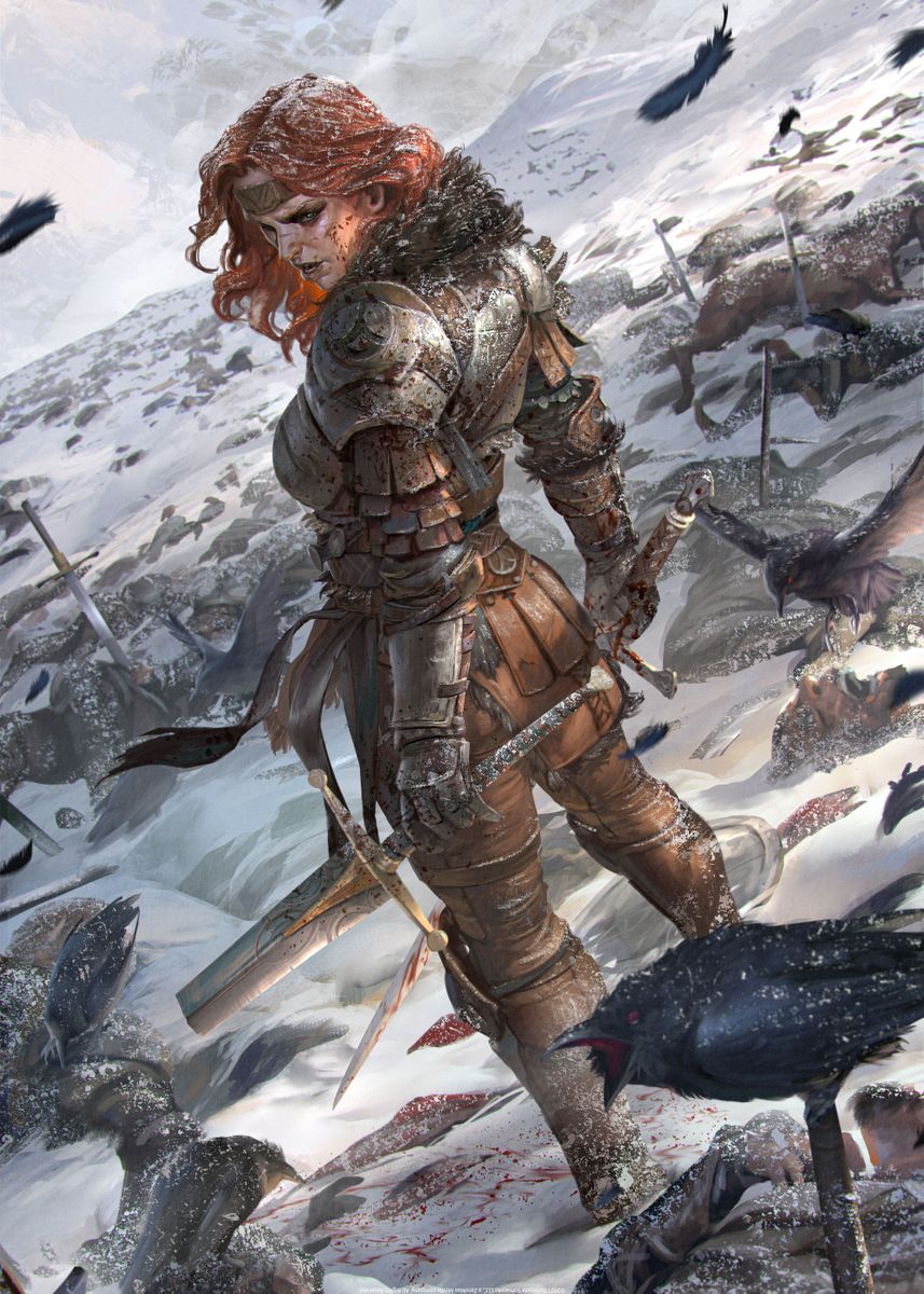 1girl armor armored_gloves bird bird_wings blood blood_on_weapon broken broken_sword broken_weapon corpse crow feathered_wings feathers frozen highres holding holding_sword holding_weapon long_hair looking_back redhead snow sword the_elder_scrolls weapon wings
