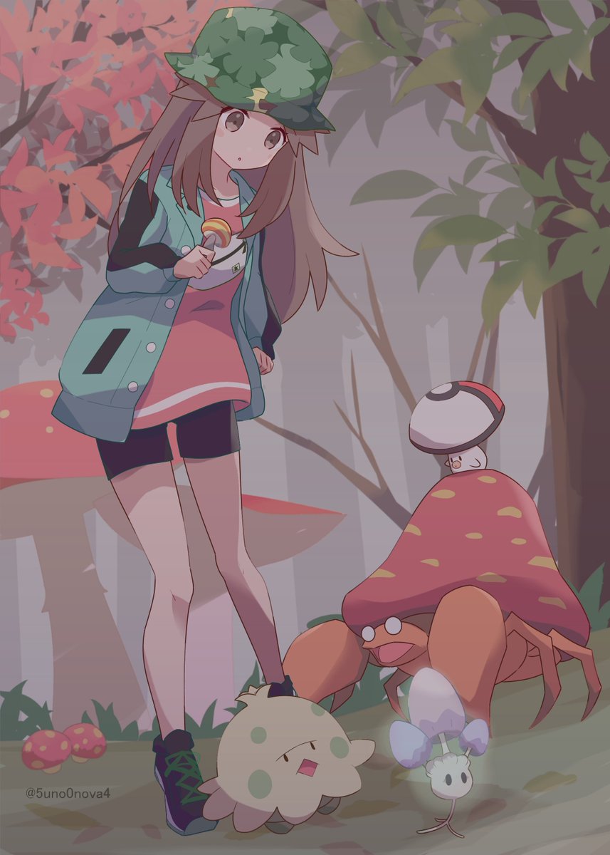 1girl 343rone black_footwear black_shorts brown_eyes brown_hair buttons commentary_request fanny_pack foongus forest grass green_headwear green_jacket hat highres holding holding_mushroom jacket leaf_(pokemon) leaf_(sygna_suit)_(pokemon) long_hair looking_down morelull mushroom nature official_alternate_costume open_clothes open_jacket outdoors parasect pink_shirt pokemon pokemon_(game) pokemon_masters_ex shirt shorts shroomish standing tree twitter_username watermark white_bag