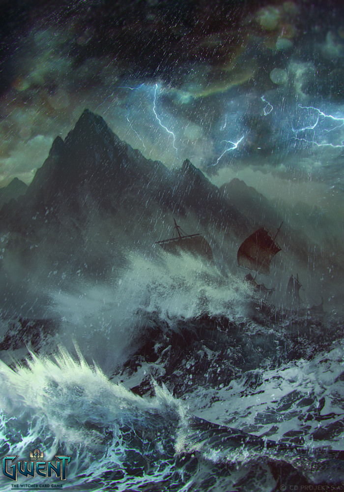 akreon clouds cloudy_sky gwent_(game) lightning mountain ocean ship sky storm the_witcher_(series) watercraft watermark