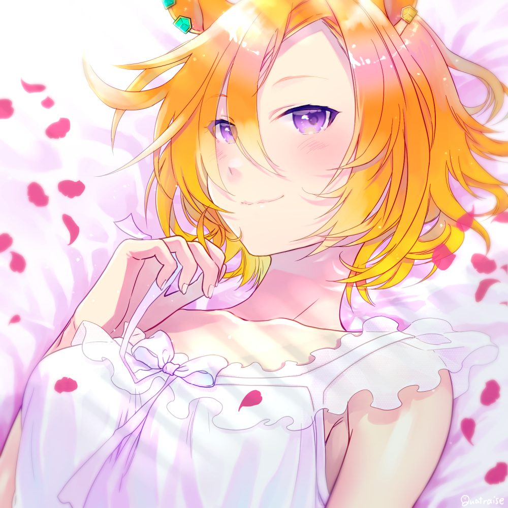 1girl animal_ears artist_name bangs bed_sheet blush chemise closed_mouth commentary earclip from_above horse_ears lingerie looking_at_viewer lying on_back on_bed orange_hair petals quatraise short_hair signature smile solo swept_bangs t.m._opera_o_(umamusume) umamusume underwear upper_body violet_eyes white_chemise