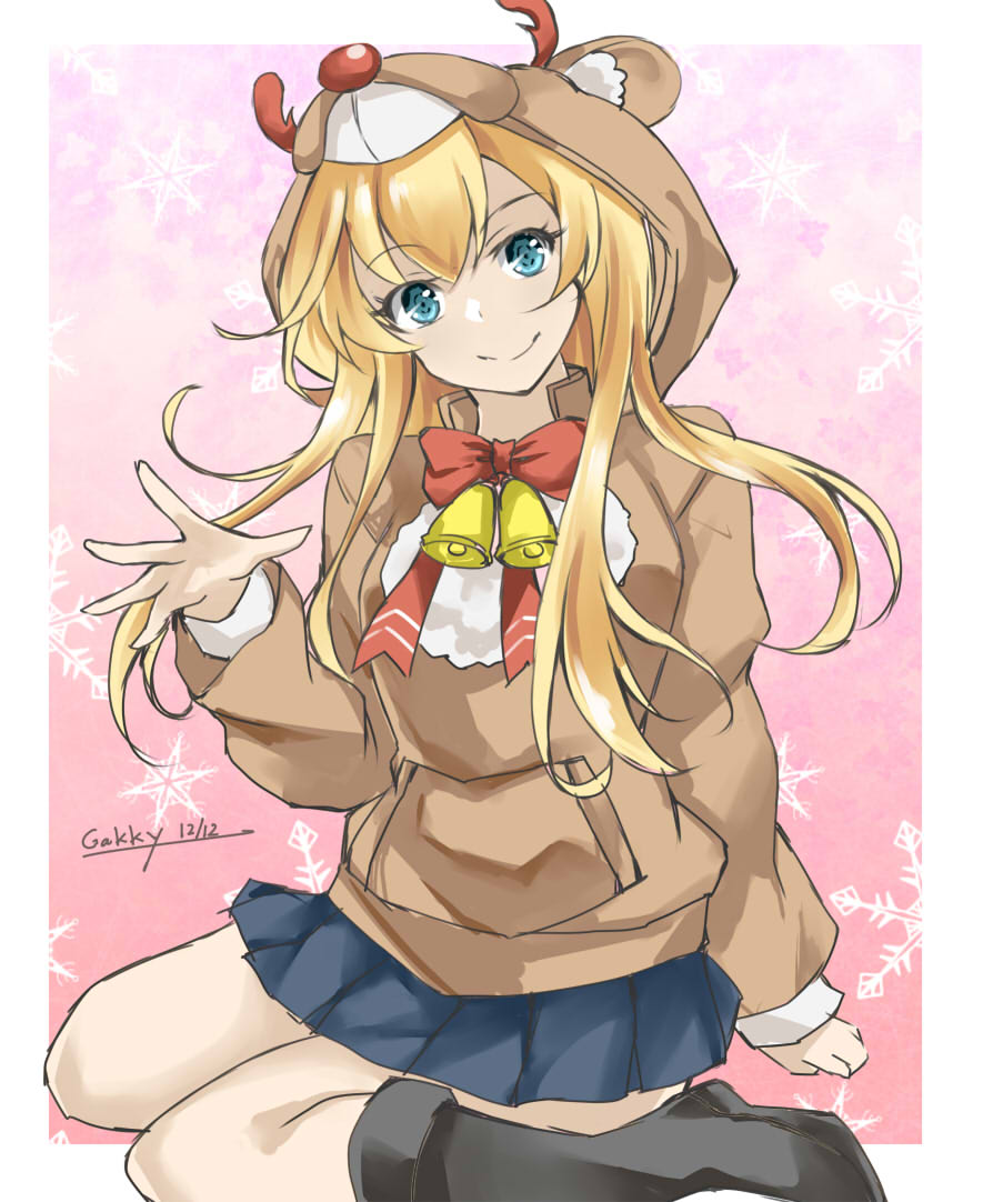 1girl abukuma_(kancolle) animal_hood bell black_footwear blonde_hair blue_eyes blue_skirt brown_sweater commentary_request drawstring gakky hood hooded_sweater hoodie kantai_collection long_hair official_alternate_costume one-hour_drawing_challenge pleated_skirt red_ribbon reindeer_hood ribbon sitting skirt smile solo sweater waving