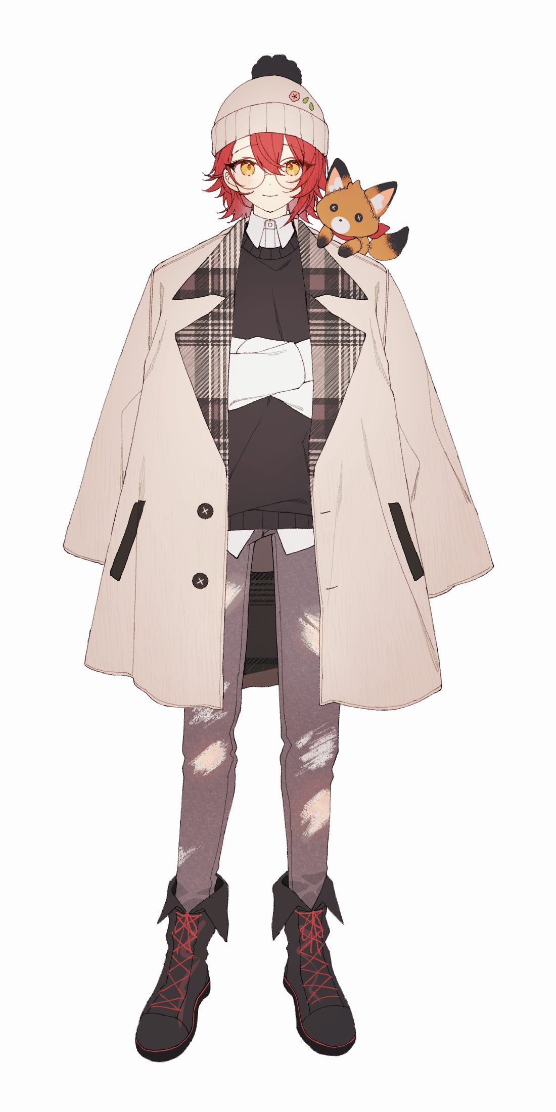 1boy alternate_costume animal_on_shoulder beanie black_footwear black_sweater_vest boots brown_coat brown_headwear brown_pants coat coat_on_shoulders collared_shirt coojisan cross-laced_footwear crossed_arms full_body glasses hair_between_eyes hanasaki_miyabi hat hat_pin highres holostars lace-up_boots looking_at_viewer male_focus medium_hair pants plaid pom_pom_(clothes) redhead round_eyewear shirt simple_background smile solo straight-on stuffed_fox sweater_vest torn_clothes torn_pants untucked_shirt virtual_youtuber white_background white_shirt yellow_eyes