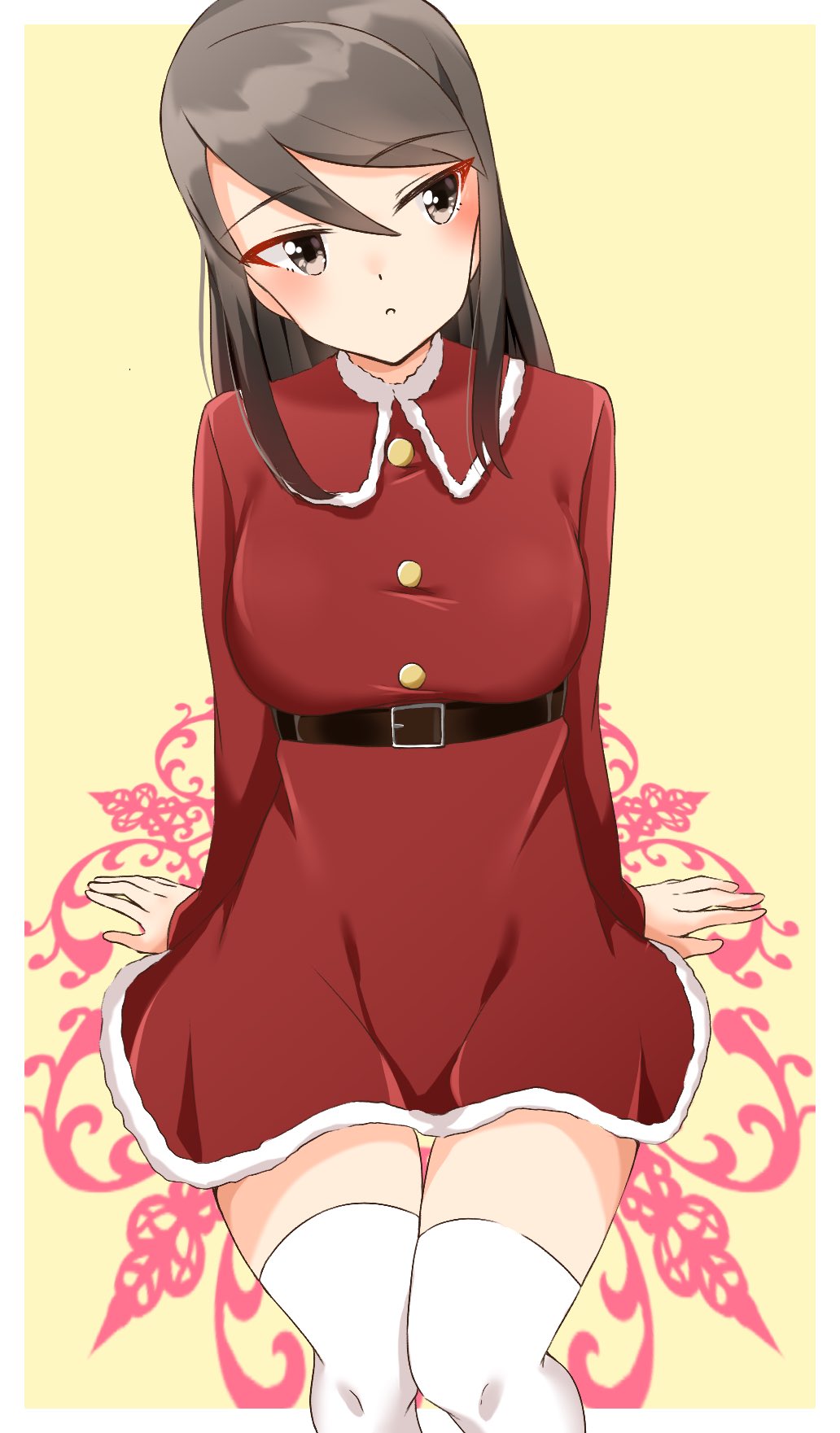0:00 1girl bangs brown_eyes brown_hair christmas collared_dress commentary dress fur-trimmed_dress fur_trim girls_und_panzer highres long_hair long_sleeves looking_to_the_side mika_(girls_und_panzer) no_headwear parted_lips red_dress santa_dress short_dress sitting solo thigh-highs white_thighhighs yellow_background