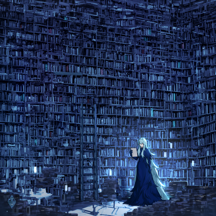 1girl ai-assisted angela_(project_moon) black_dress black_gloves blue_hair blue_theme book book_stack bookshelf dress english_commentary faceless faceless_female feather_dress full_body gloves hair_between_eyes holding holding_paper ladder library library_of_ruina light_blue_hair long_hair looking_at_object mixed-language_commentary paper project_moon solo standing table thedaw0 too_many too_many_books very_long_hair