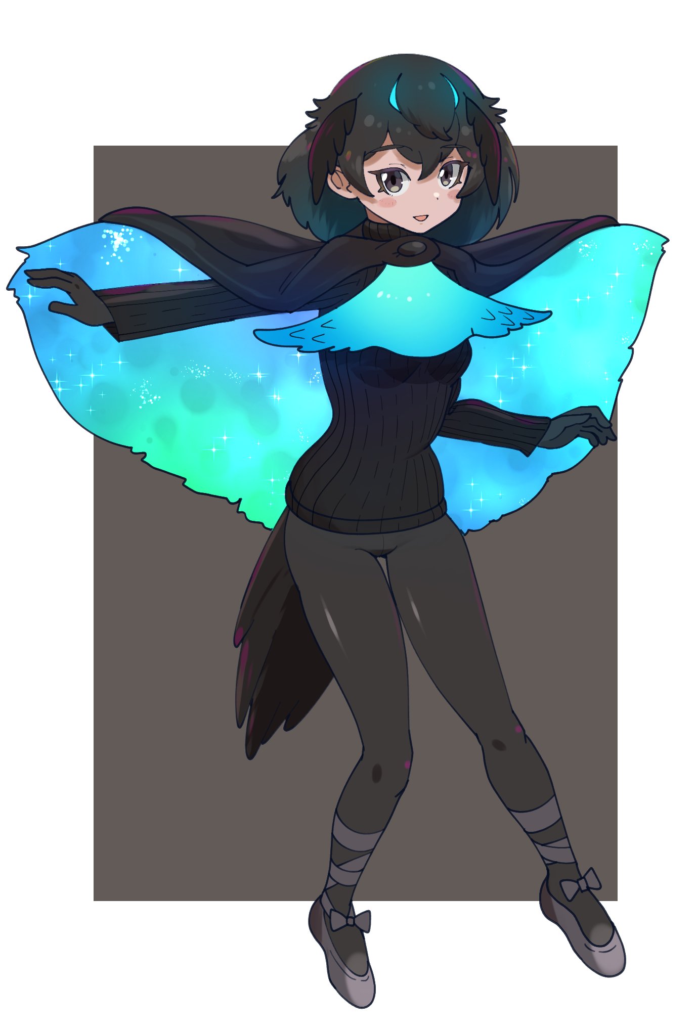 ballet_slippers bird_girl bird_tail bird_wings black_cape black_footwear black_gloves black_hair black_leggings black_pantyhose black_sweater blue_cape blue_hair blush cape gloves head_wings highres kemono_friends leggings long_sleeves multicolored_hair ookii_yama pantyhose short_hair superb_bird-of-paradise_(kemono_friends) sweater tail turtleneck turtleneck_sweater two-tone_cape two-tone_hair wings yellow_eyes