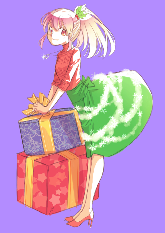 1girl aino_megumi bangs christmas commentary garland_(decoration) gift green_skirt hair_ornament happinesscharge_precure! heart heart_necklace high-waist_skirt high_heels holding holding_gift holly_hair_ornament jewelry jj_(ssspulse) leaning_forward long_sleeves medium_hair medium_skirt necklace oversized_object pink_eyes pink_hair ponytail precure purple_background red_footwear red_sweater sidelocks simple_background skirt solo sweater turtleneck