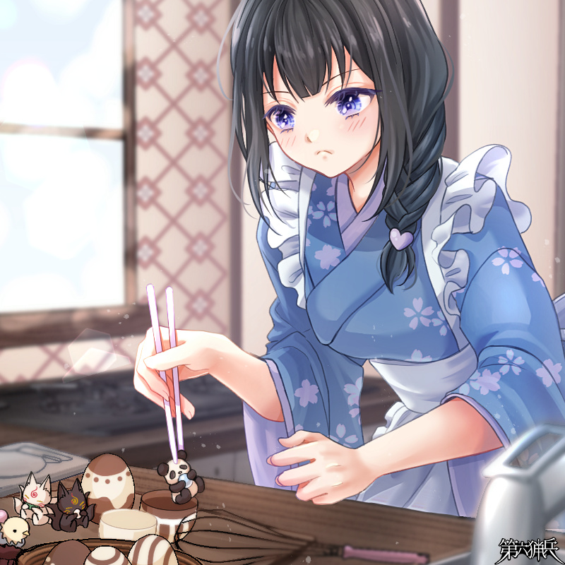 1girl bangs black_hair blue_eyes blue_kimono blurry blurry_background blush braid chocolate chopsticks dairoku_ryouhei frown hair_ornament heart heart_hair_ornament indoors japanese_clothes kimono long_hair low-tied_long_hair sink whisk wide_sleeves window yoshiki1020