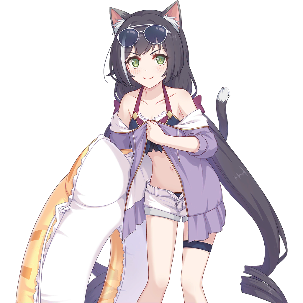 animal_ears black_hair cat_ears cat_tail eyewear_on_head holding holding_innertube innertube karyl_(princess_connect!) karyl_(summer)_(princess_connect!) long_hair official_art princess_connect! tail