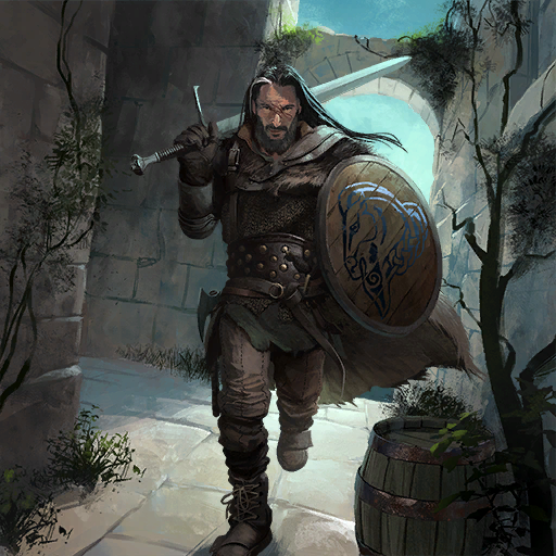 armor beard black_hair cloak facial_hair holding holding_shield holding_sword holding_weapon long_hair looking_ahead over_shoulder ruins shield sword sword_over_shoulder the_elder_scrolls weapon weapon_over_shoulder