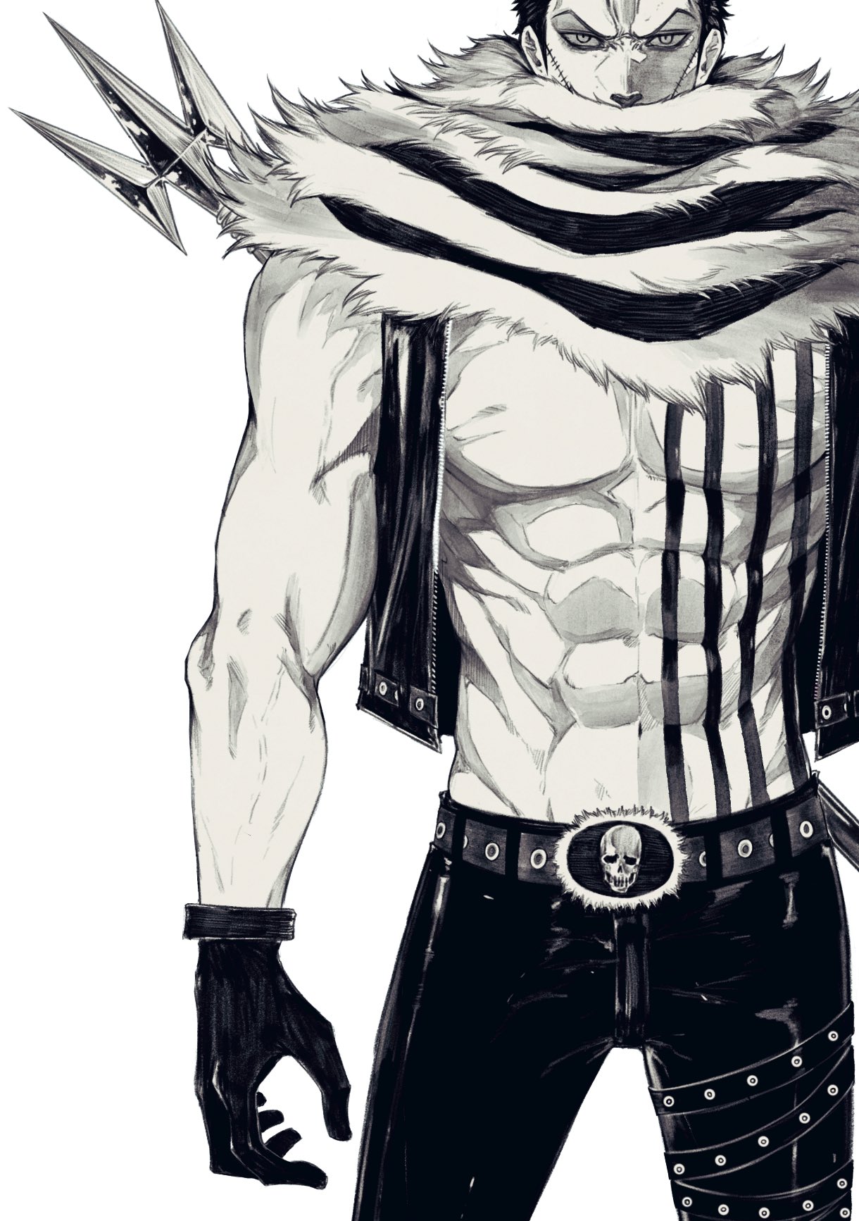 1boy abs bare_pectorals belt charlotte_katakuri chest_tattoo covered_mouth cowboy_shot gloves greyscale highres hyt397 looking_at_viewer male_focus monochrome muscular muscular_male one_piece open_clothes open_vest pants pectorals polearm scar scarf scarf_over_mouth short_hair simple_background skull_belt solo spear standing stitches tattoo vest weapon weapon_on_back