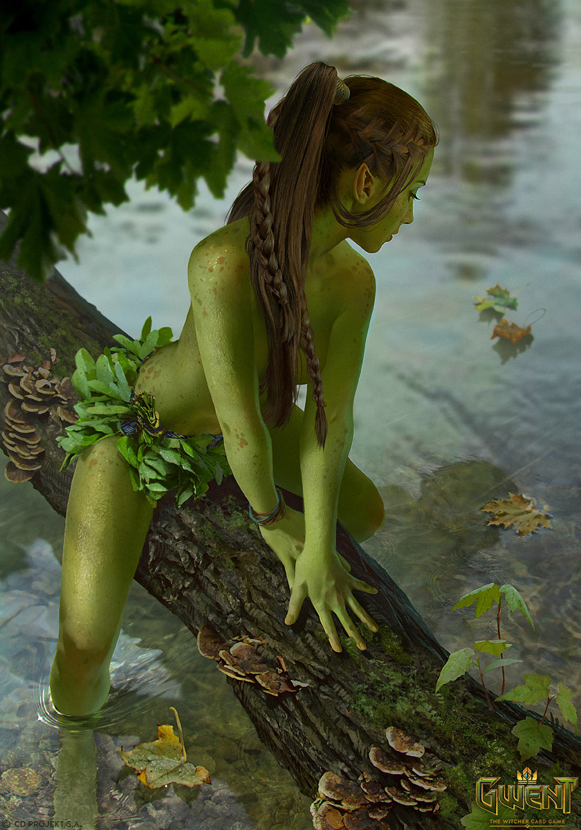 1girl afloat_leaves akreon branch colored_skin dryad fantasy green_skin gwent_(game) highres leaf looking_down mushroom river sitting the_witcher_(series) tree water watermark