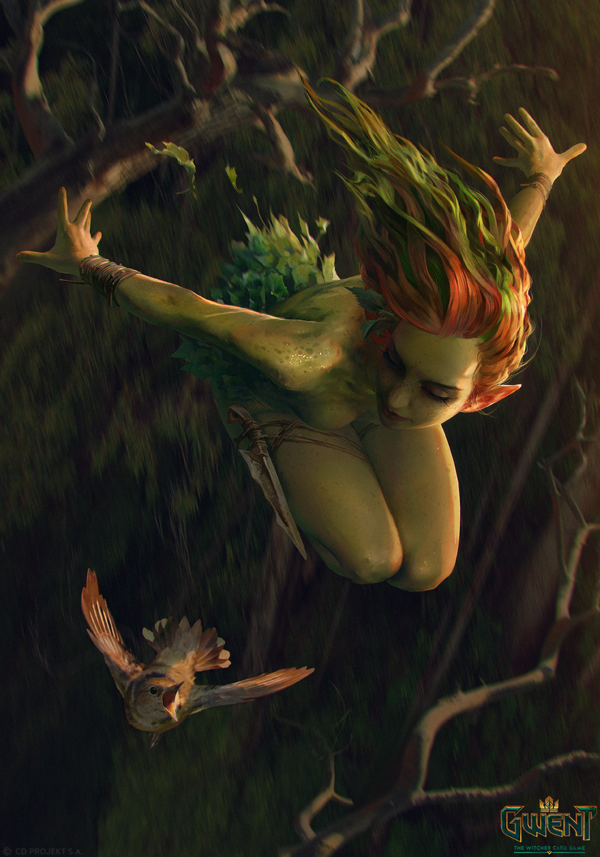 1girl akreon bird bird_wings colored_skin dryad feathered_wings green_skin gwent_(game) highres long_hair looking_to_the_side redhead the_witcher_(series) watermark wings