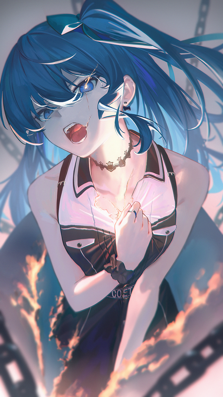 1girl bare_shoulders black_choker black_dress blue_bow blue_eyes blue_hair bow chain choker cracked_skin dress eye_trail hair_bow highres hololive hoshimachi_suisei jewelry light_trail looking_at_viewer one_side_up open_mouth ring solo whitem_(whiteemperor2020)