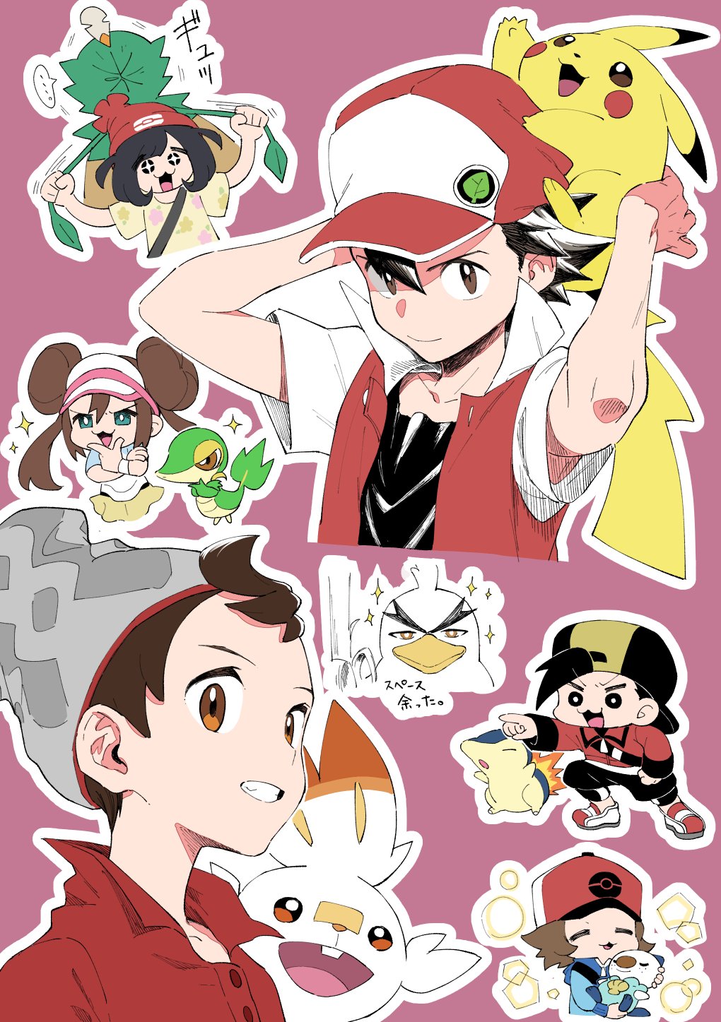 +_+ 2girls 4boys bangs beanie black_shirt brown_eyes brown_hair chibi closed_mouth commentary_request cyndaquil decidueye double_bun ethan_(pokemon) grey_headwear grin hair_bun hand_on_own_chin hat highres hilbert_(pokemon) holding holding_pokemon jacket multiple_boys multiple_girls nme_(mmeeeetcha) on_head outline pikachu pointing pokemon pokemon_(creature) pokemon_(game) pokemon_bw2 pokemon_hgss pokemon_masters_ex pokemon_on_head pokemon_rgby pokemon_sm pokemon_swsh red_(pokemon) red_headwear red_jacket red_shirt rosa_(pokemon) scorbunny selene_(pokemon) shirt short_hair short_sleeves sirfetch'd smile snivy sparkle stroking_own_chin teeth twintails victor_(pokemon) visor_cap