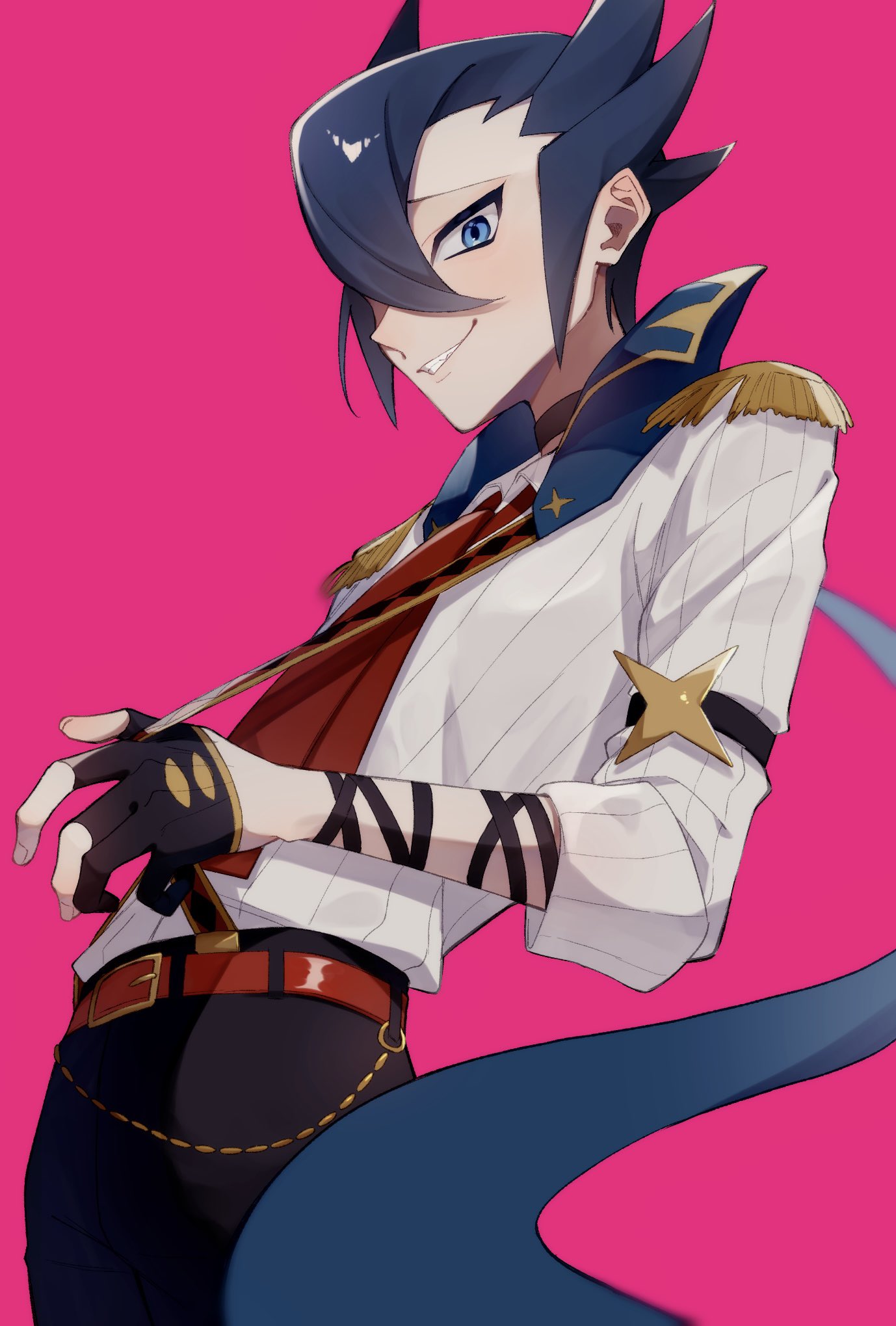 1boy arm_ribbon arm_strap bangs belly_chain belt belt_buckle black_choker black_gloves black_pants black_ribbon blue_eyes blue_hair blush buckle chain choker collared_shirt commentary_request epaulettes gloves gold_chain grimsley_(pokemon) grin hair_between_eyes highres jewelry long_sleeves looking_at_viewer male_focus necktie pants parted_bangs parted_lips partially_fingerless_gloves pink_background pointy_hair pokemon pokemon_(game) pokemon_bw profile red_belt red_necktie ribbon shirt short_hair sidelocks simple_background sleeves_rolled_up smile solo standing star_(symbol) suspenders suspenders_pull teeth tomato_0429 white_shirt wing_collar