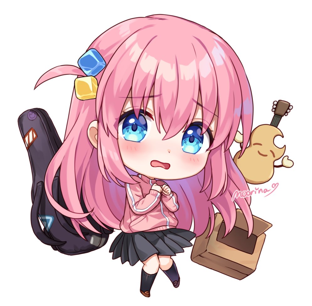 1girl artist_name bangs black_socks blue_eyes blush bocchi_the_rock! chibi clenched_hands cube_hair_ornament full_body gotou_hitori guitar guitar_case hair_ornament instrument instrument_case jacket kneehighs long_hair long_sleeves looking_at_viewer moorina open_mouth own_hands_together pink_hair pleated_skirt shiny shiny_hair simple_background skirt socks track_jacket