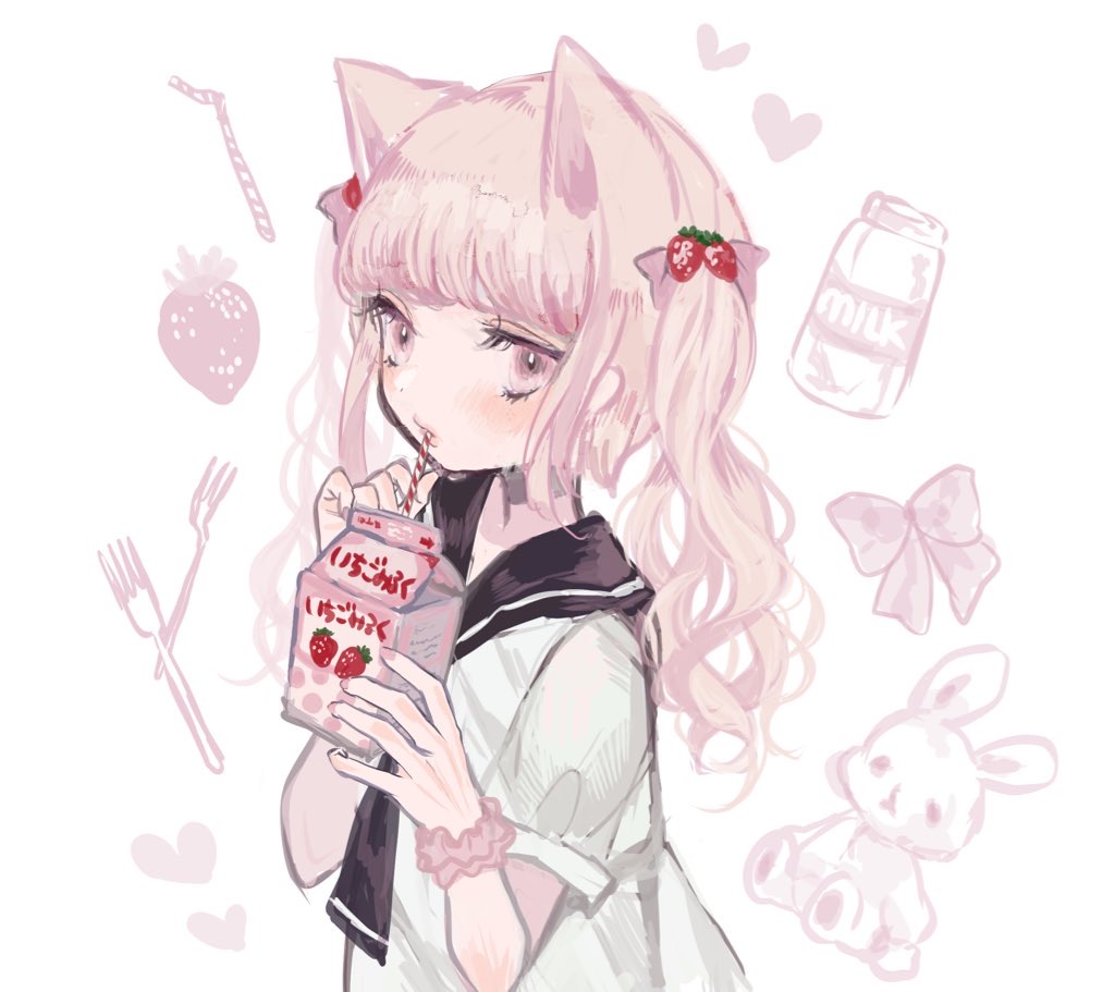 1girl animal_ears bangs black_necktie black_sailor_collar blush bottle bow drink drinking_straw english_text eyelashes food food-themed_hair_ornament fork fruit hair_bow hair_ornament heart holding holding_drink holding_drinking_straw long_hair looking_away low_twintails milk_bottle milk_carton necktie original pink_bow pink_eyes pink_hair pink_scrunchie sailor_collar scrunchie shirt short_sleeves simple_background solo strawberry strawberry_hair_ornament strawberry_milk stuffed_animal stuffed_bunny stuffed_toy supika twintails upper_body wavy_hair white_background white_shirt wrist_scrunchie