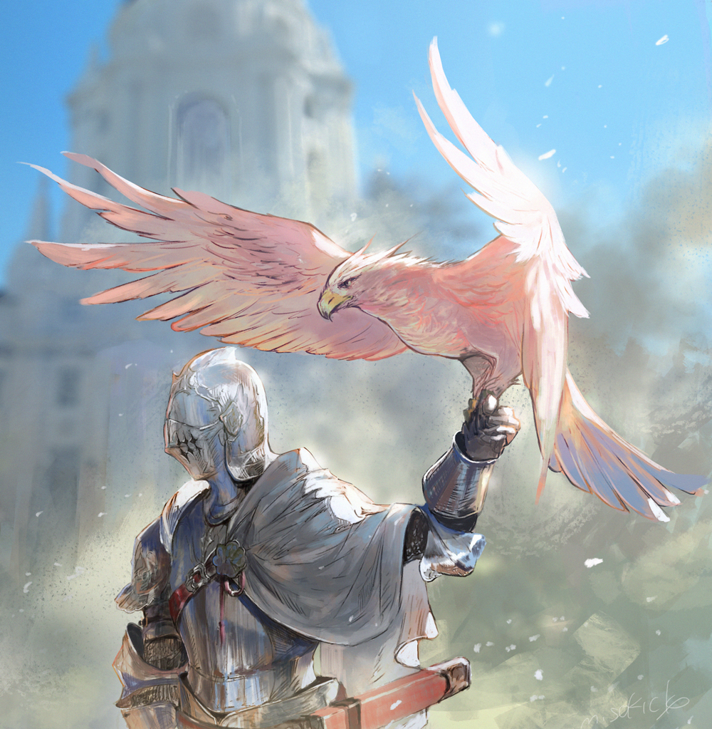 1other ambiguous_gender armor bird blurry blurry_background breastplate cape castle depth_of_field gauntlets hawk helm helmet knight miso_katsu original spread_wings white_cape