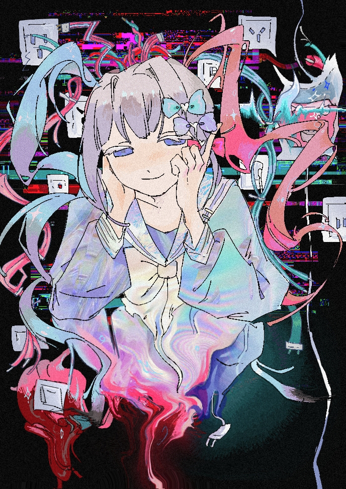 1girl adankad bangs blonde_hair blue_bow blue_eyes blue_hair blue_shirt bow cable chouzetsusaikawa_tenshi-chan electrical_outlet glitch hair_bow hair_ornament hands_on_own_face holographic_clothing long_hair long_sleeves looking_at_viewer melting multicolored_hair needy_girl_overdose pink_bow pink_hair purple_bow quad_tails sailor_collar school_uniform serafuku shirt smile solo twintails very_long_hair yellow_bow