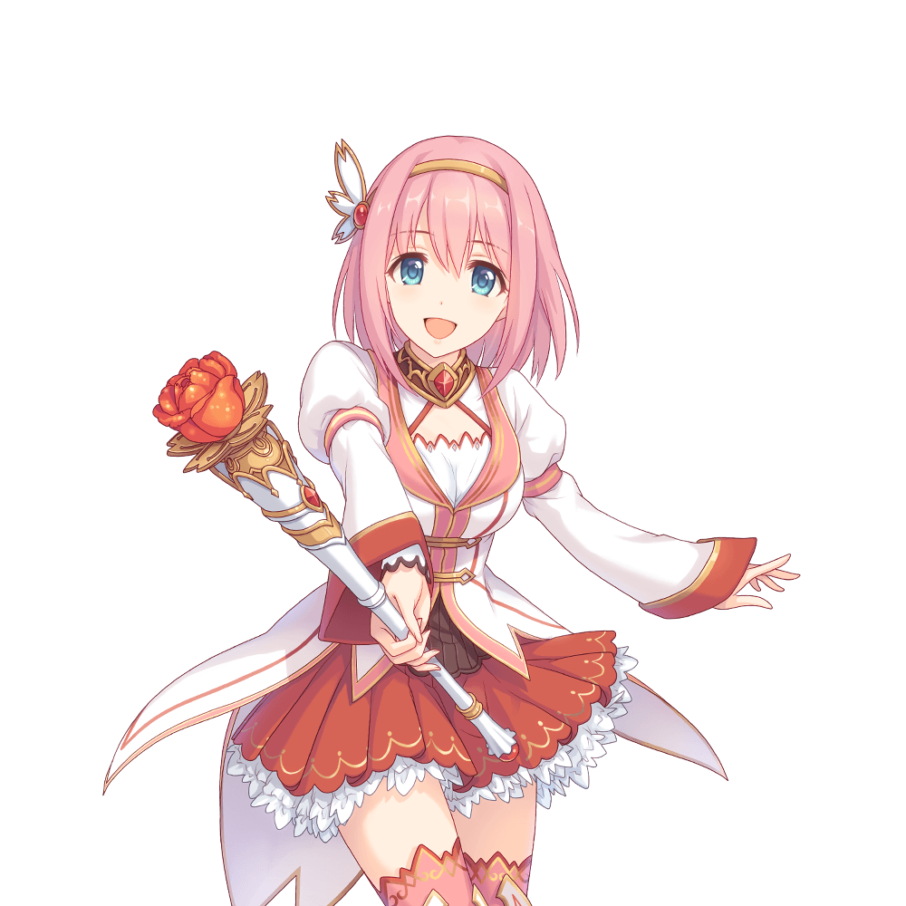green_eyes hair_ornament holding holding_wand looking_ahead looking_at_viewer medium_hair official_art pink_hair princess_connect! red_skirt skirt thigh-highs transparent_background wand yui_(princess_connect!)