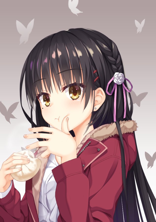 1girl 8kumagawa_(log) :&lt; :t bangs baozi black_hair blush braid butterfly_background cafe_stella_to_shinigami_no_chou dot_nose earrings eating eyebrows_hidden_by_hair eyelashes finger_to_mouth fingernails flower food fur_collar gradient gradient_background hair_between_eyes hair_ribbon hands_up holding holding_food jacket jewelry long_hair long_sleeves looking_at_viewer mole mole_under_eye multiple_hairpins open_clothes open_hand purple_ribbon red_jacket ribbon shiki_natsume shirt side_braid sidelocks simple_background solo standing straight_hair stud_earrings white_flower white_shirt yellow_eyes
