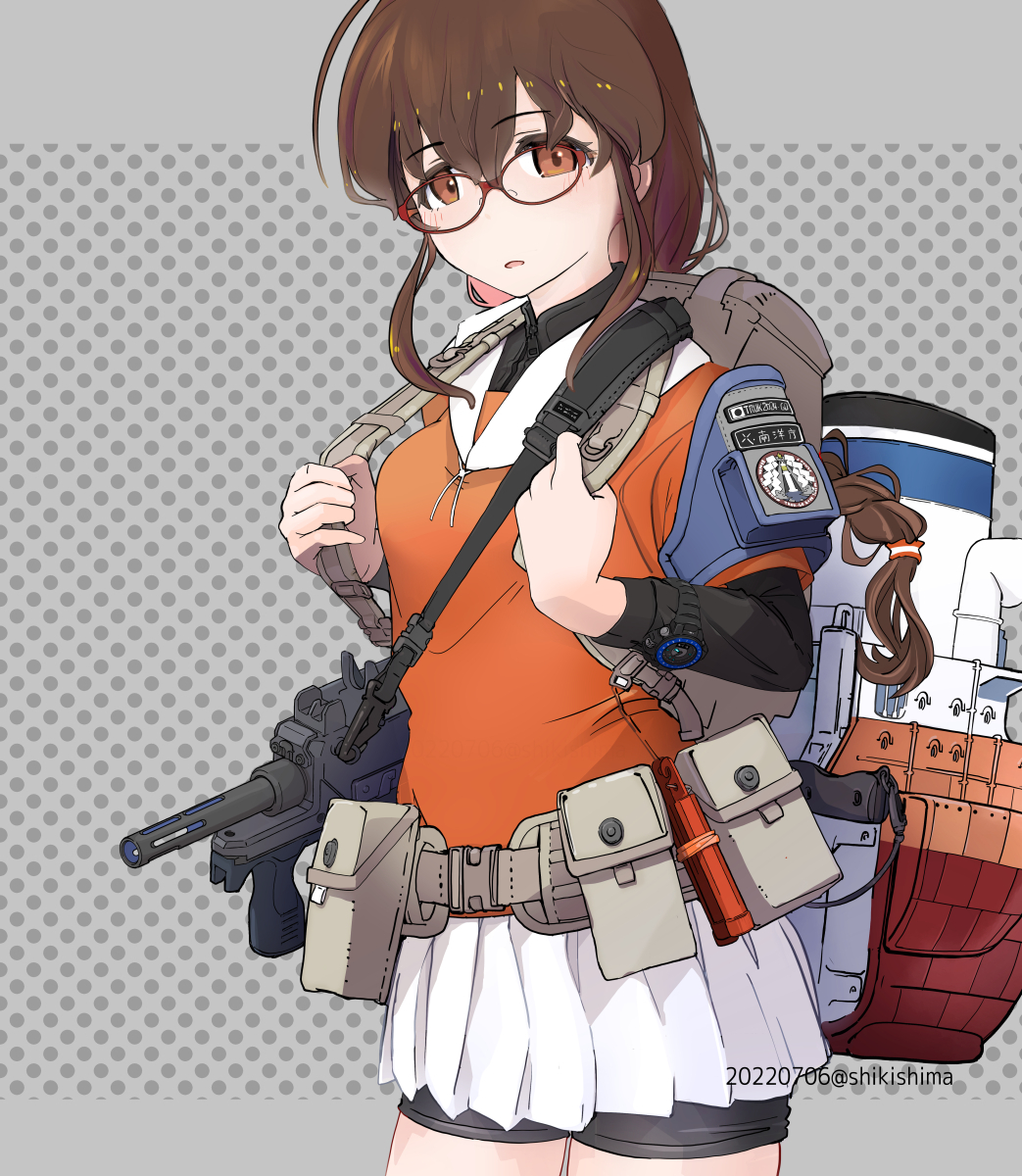 1girl adapted_turret backpack badge bag belt bespectacled bike_shorts black_shorts braid breasts brown_hair cannon commentary_request cowboy_shot glasses gradient gradient_background gun highres kantai_collection long_hair minebea_pm-9 orange_eyes orange_shirt polka_dot polka_dot_background sailor_collar school_uniform serafuku shikishima_fugen shirt shorts shorts_under_skirt single_braid small_breasts smokestack solo souya_(kancolle) souya_agb_(kancolle) submachine_gun turret twitter_username undershirt utility_belt weapon white_sailor_collar white_shirt