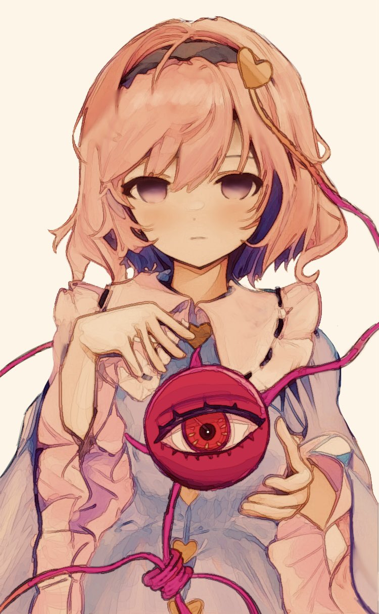 1girl black_hairband blue_dress buttons collared_dress dress empty_eyes expressionless hairband heart_button highres irumina777 komeiji_satori looking_at_viewer pink_hair simple_background solo third_eye touhou upper_body white_background wide_sleeves