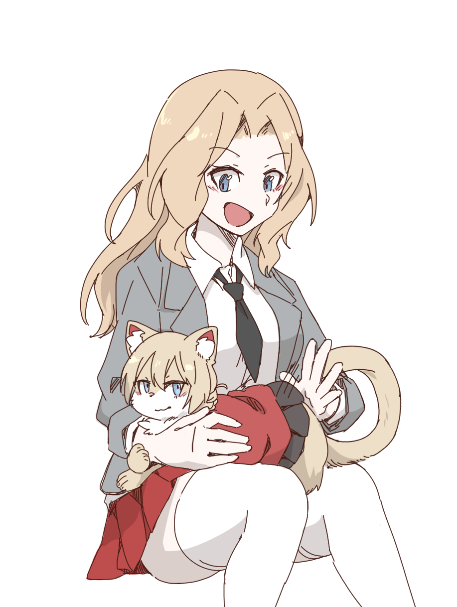 animal_on_lap animalization black_necktie black_skirt blazer blonde_hair blue_eyes braid cat closed_mouth commentary darjeeling_(girls_und_panzer) dress_shirt girls_und_panzer grey_jacket hair_intakes hasekura_(hachinochun) highres invisible_chair jacket kay_(girls_und_panzer) long_hair long_sleeves looking_at_another looking_at_viewer miniskirt necktie on_lap open_clothes open_jacket open_mouth patting pleated_skirt red_jacket red_skirt saunders_school_uniform school_uniform shirt simple_background sitting skirt smile thigh-highs white_background white_shirt white_thighhighs wing_collar