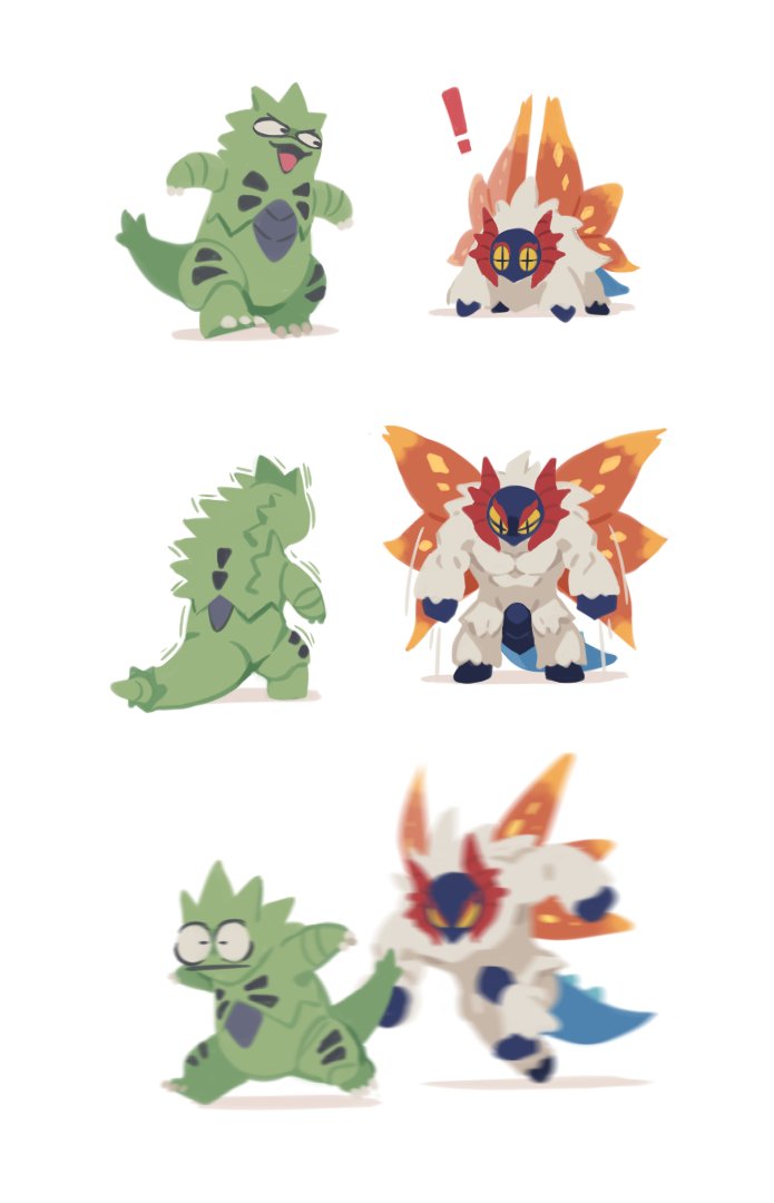 ! +_+ blurry chasing claws commentary motion_blur motion_lines muscular no_humans plainwhite pokemon pokemon_(creature) running simple_background slither_wing standing trembling tyranitar white_background
