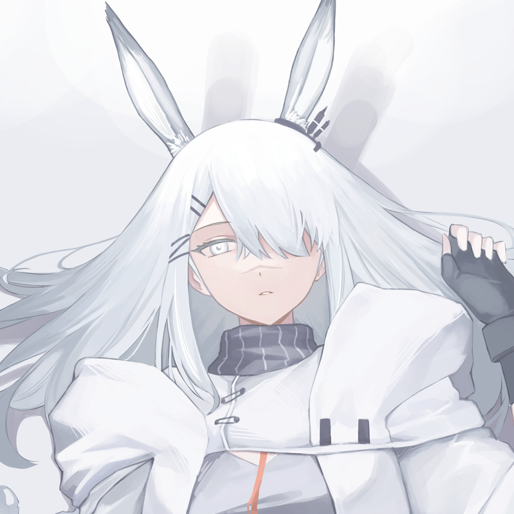 1girl animal_ears aoki_(areek0okl) arknights bangs black_gloves ear_ornament extra_ears fingerless_gloves frostnova_(arknights) gloves grey_eyes hair_ornament hair_over_one_eye hairclip hand_up jacket long_hair long_sleeves looking_at_viewer lying on_back one_eye_covered parted_lips rabbit_ears scar scar_on_face scar_on_nose simple_background solo white_background white_hair white_jacket