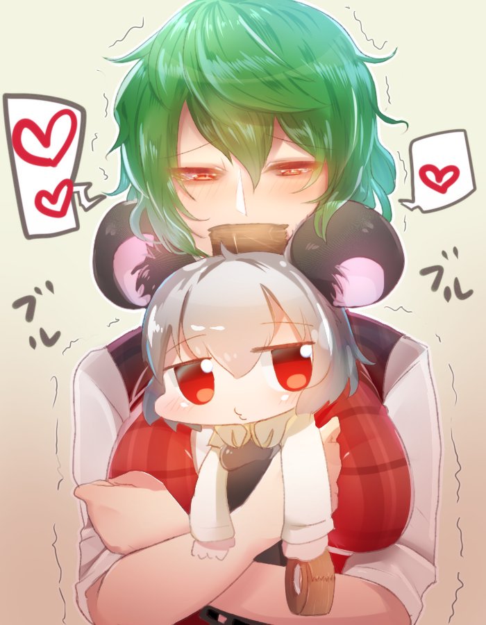 2girls akira_(cookie) animal_ears artist_request bangs blush breasts capelet cookie_(touhou) dress gag green_hair grey_dress grey_hair heart hug improvised_gag kazami_yuuka large_breasts long_sleeves looking_at_another looking_at_viewer masking_tape mouse_ears mouse_girl multiple_girls nazrin nyon_(cookie) o3o plaid plaid_vest red_eyes red_vest shirt short_hair spoken_heart tape tape_gag touhou trembling upper_body vest white_capelet white_shirt