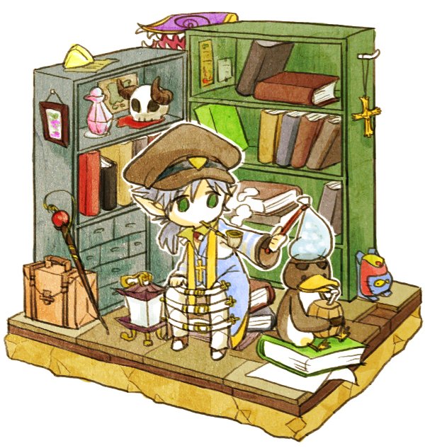 1boy arch_bishop_(ragnarok_online) bangs bird black_gloves blue_coat book book_stack bookshelf briefcase brown_headwear chair chibi closed_mouth coat commentary_request cross cross_necklace fingerless_gloves full_body galapago_(ragnarok_online) galapagos_penguin gloves green_eyes grey_hair hat isometric jewelry lantern long_sleeves necklace norokome pants peaked_cap penguin pointy_ears potion ragnarok_online rideword_(ragnarok_online) shoes sitting skull smoking smoking_pipe staff white_background white_footwear white_pants