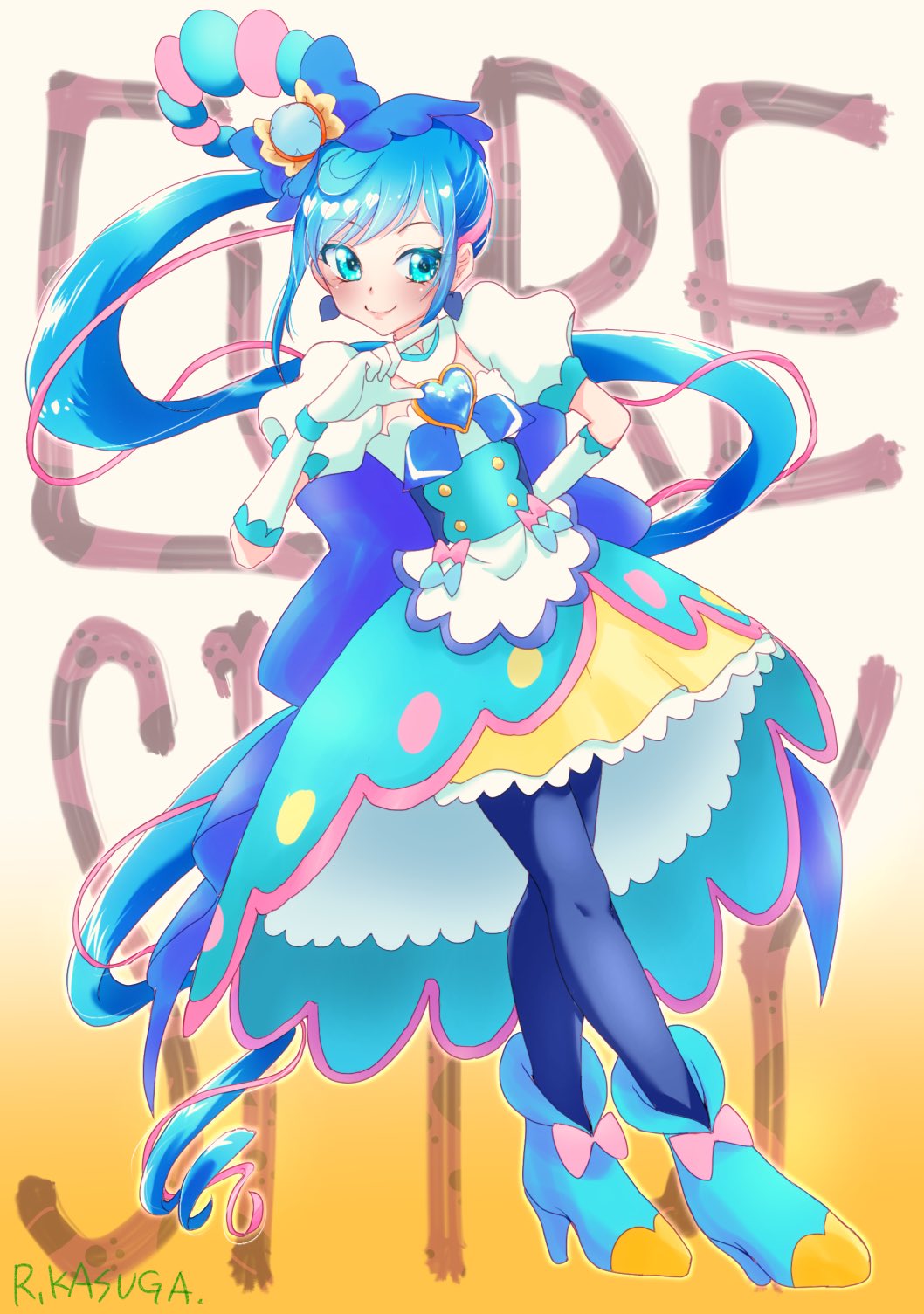 1girl apron artist_name blue_eyes blue_hair blue_pantyhose brooch character_name cure_spicy delicious_party_precure dress earrings elbow_gloves full_body fuwa_kokone gloves gradient gradient_background heart_brooch highres huge_bow jewelry kasuga_rurito long_hair magical_girl pantyhose precure short_sleeves signature smile solo very_long_hair white_gloves yellow_background