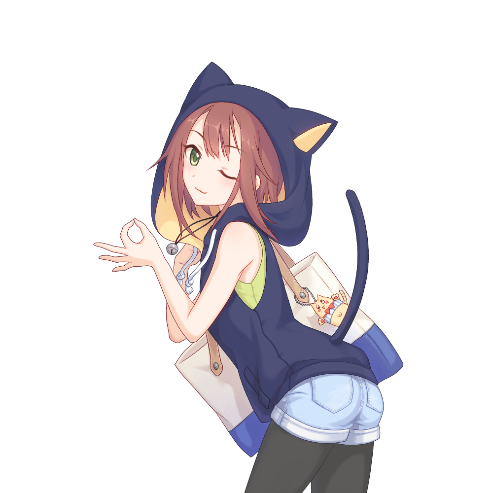 animal_hood blue_hoodie brown_hair cat_hood green_eyes hood hoodie looking_at_viewer medium_hair official_art ok_sign one_eye_closed pantyhose princess_connect! short_shorts shorts tachi-e tail tamaki_(princess_connect!) tamaki_(real)_(princess_connect!) transparent_background