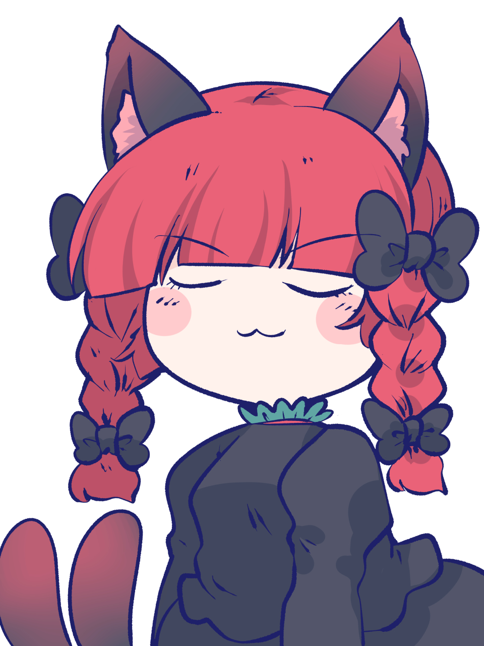 1girl :3 animal_ears bangs black_bow blunt_bangs bow cat_ears cat_tail closed_eyes closed_mouth facing_viewer fried_rice0614 hair_bow highres juliet_sleeves kaenbyou_rin long_sleeves medium_hair multiple_tails one-hour_drawing_challenge puffy_sleeves redhead simple_background smile solo tail touhou two_tails upper_body white_background