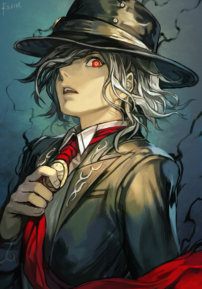 1boy adjusting_clothes adjusting_necktie black_headwear black_suit edmond_dantes_(fate) fate/grand_order fate_(series) formal hair_over_one_eye hankuri hat jacket long_sleeves looking_at_viewer male_focus necktie open_mouth red_eyes red_necktie revision short_hair solo suit upper_body white_hair