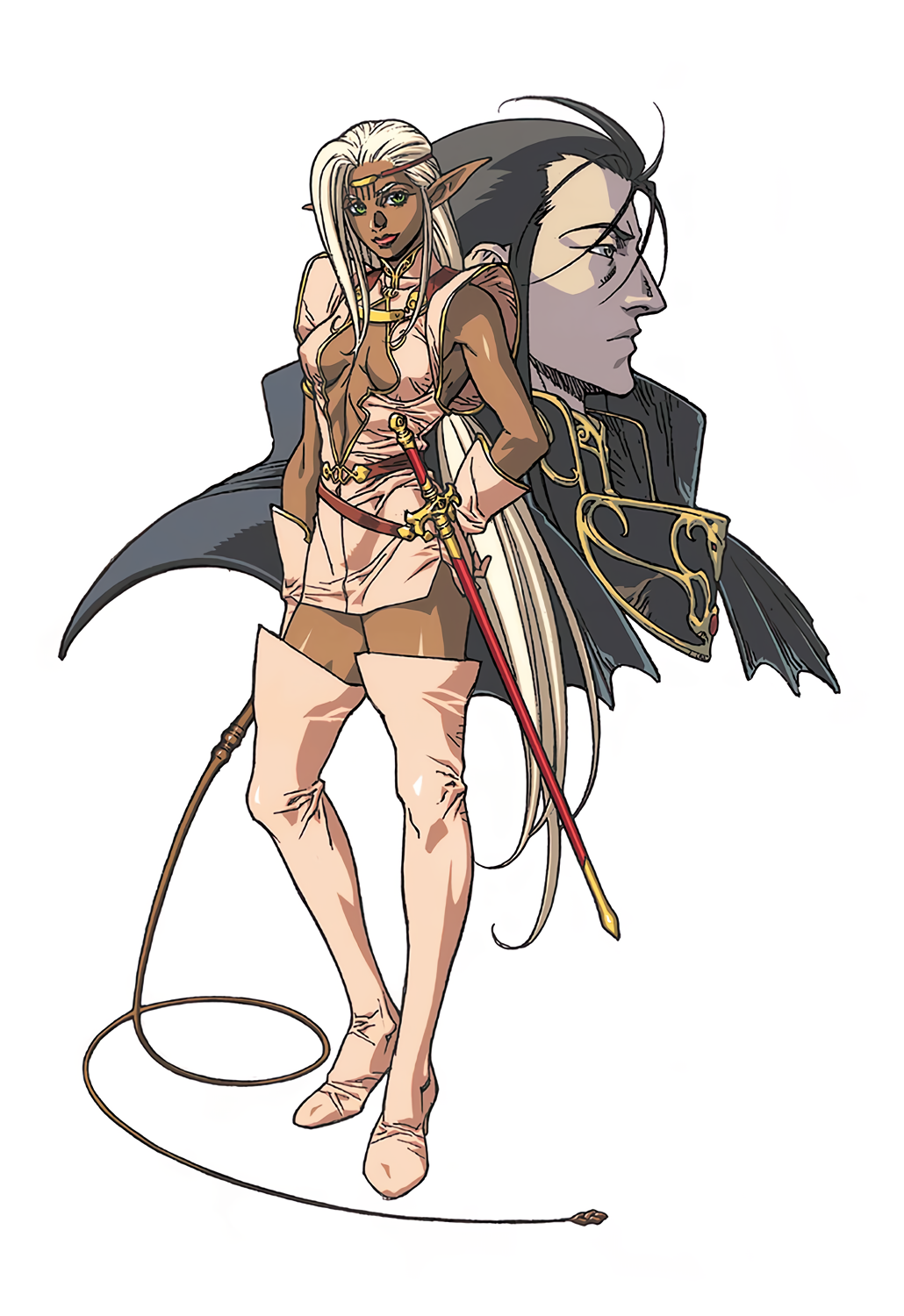 1990s_(style) 1boy 1girl ashram_(lodoss) black_hair boots dark-skinned_female dark_skin gloves green_eyes highres holding holding_whip long_hair long_pointy_ears non-web_source official_art pink_gloves pirotess pointy_ears record_of_lodoss_war retro_artstyle sheath sheathed simple_background standing sword thigh-highs thigh_boots very_long_hair weapon white_background white_hair yuuki_nobuteru