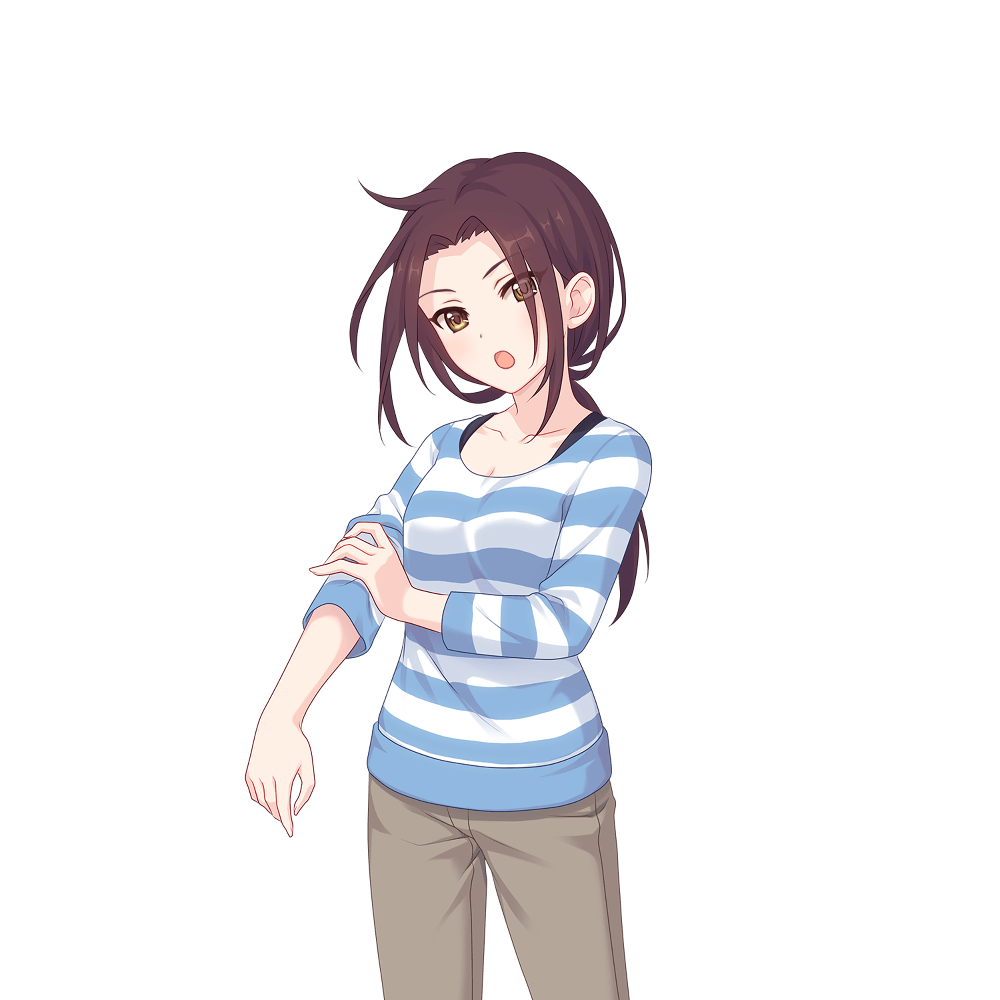 blue_shirt brown_eyes brown_hair hair_behind_ear looking_at_viewer official_art open_mouth princess_connect! rolling_sleeves_up ruka_(princess_connect!) shirt striped striped_shirt tachi-e transparent_background