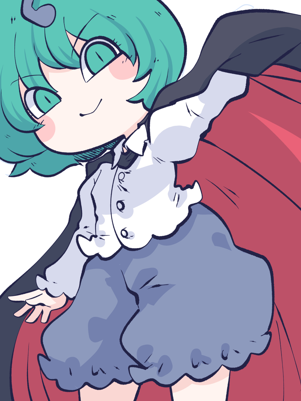 1girl antennae bangs black_cape blue_shorts cape closed_mouth collared_shirt fried_rice0614 green_eyes green_hair highres looking_at_viewer one-hour_drawing_challenge shirt short_hair shorts simple_background smile solo touhou white_background white_shirt wriggle_nightbug