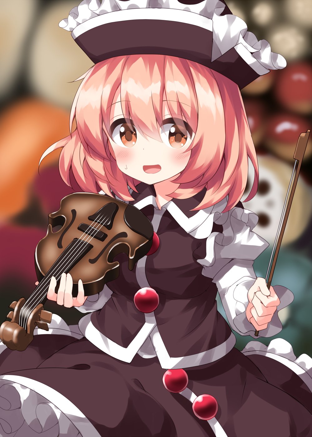 1girl aki_minoriko black_headwear black_skirt black_vest blonde_hair blush bow_(music) collared_vest commentary_request cosplay frilled_hat frilled_skirt frills hat highres holding holding_instrument instrument lunasa_prismriver lunasa_prismriver_(cosplay) medium_hair one-hour_drawing_challenge open_mouth pointy_hat red_button ruu_(tksymkw) shirt skirt sweatdrop touhou vest violin white_shirt yellow_eyes