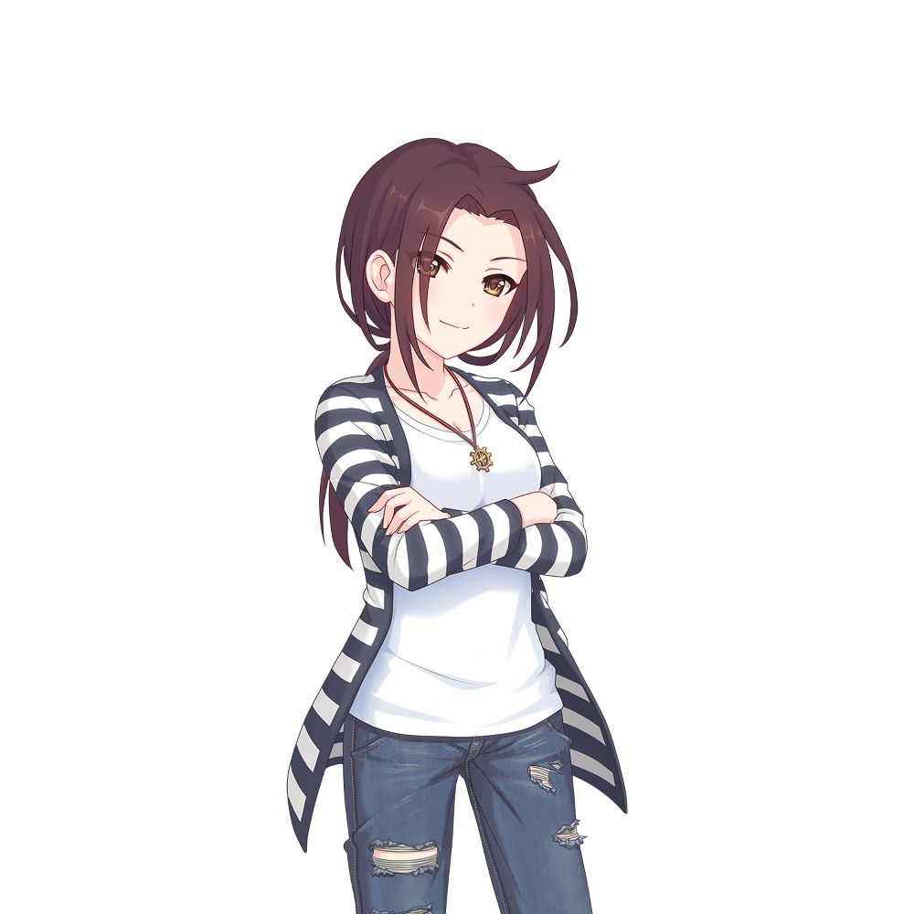 black_cardigan brown_eyes brown_hair cardigan crossed_arms jewelry long_hair looking_at_viewer necklace official_art princess_connect! ruka_(princess_connect!) shirt striped_cardigan tachi-e transparent_background white_cardigan white_shirt