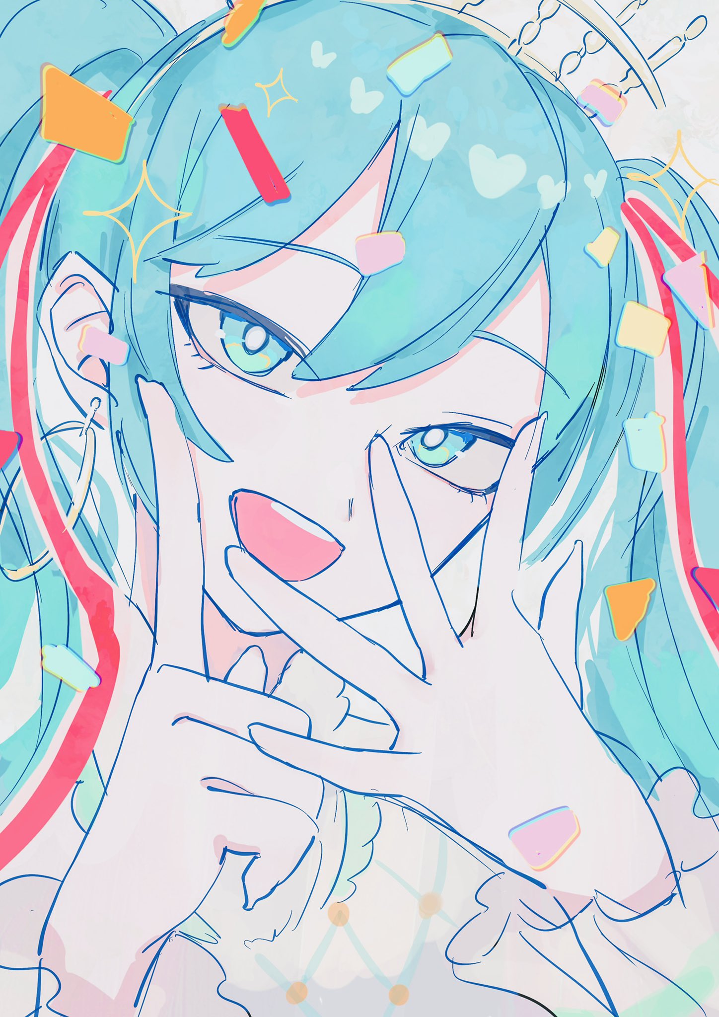 1girl :d blue_eyes blue_hair bright_pupils hair_between_eyes hatsune_miku head_tilt highres index_finger_raised long_hair looking_at_viewer sion001250 smile solo twintails vocaloid white_pupils