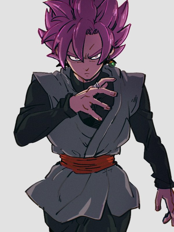 1boy dougi dragon_ball dragon_ball_super earrings goku_black jewelry kemachiku long_sleeves male_focus pink_hair potara_earrings red_sash ring sash simple_background solo spiky_hair super_saiyan super_saiyan_rose upper_body